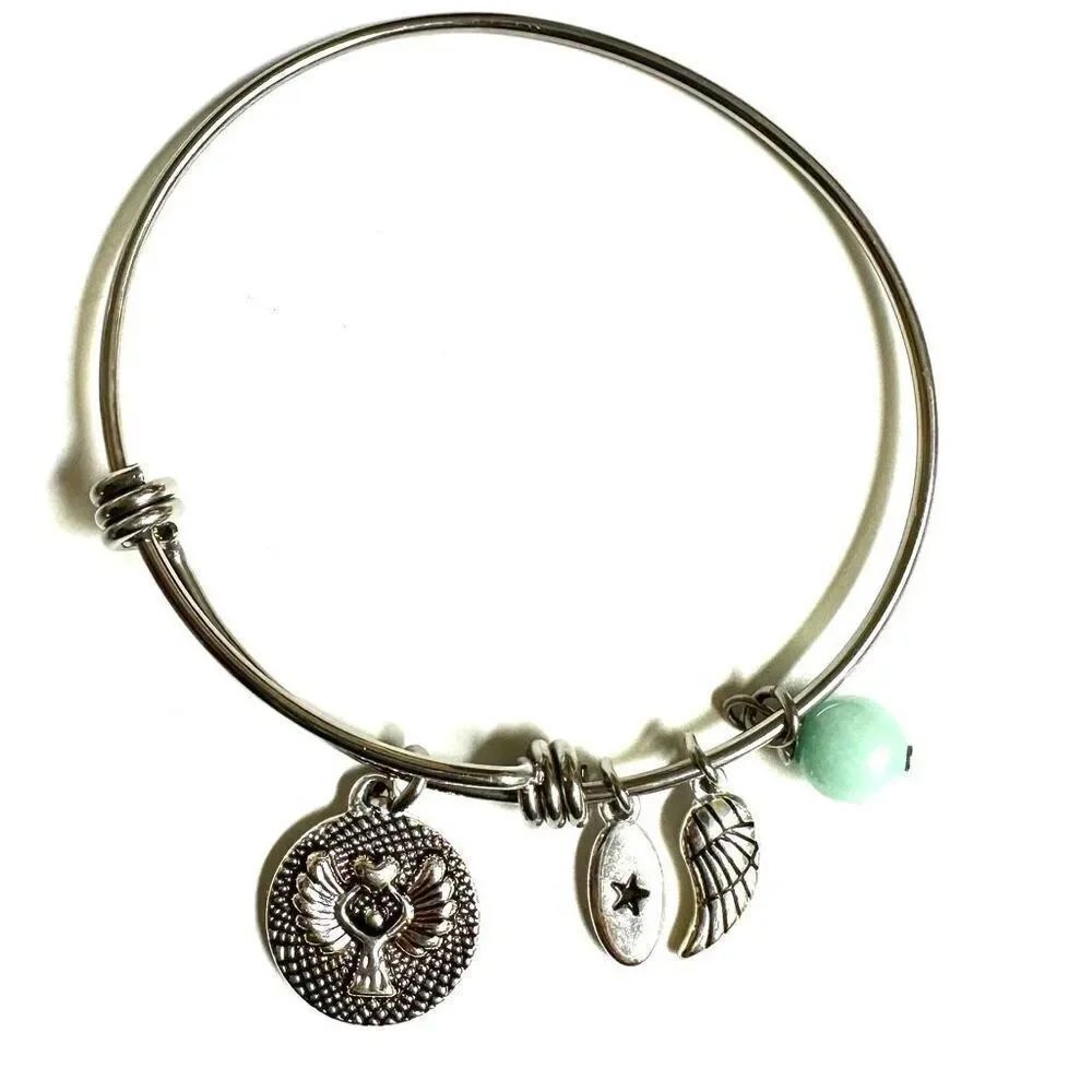 Unwritten Angel Charm and Amazonite Bangle Bracelet in Stainless Steel with Silv